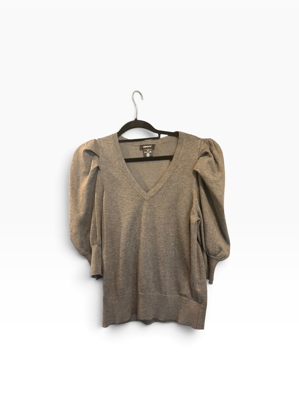 DKNY Grey V-Neck Puff-Sleeve Sweater